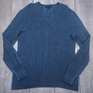 John Varvatos U.S.A. Sweater Mens Size XL Blue Cable Knit V-Neck Cotton Linen
